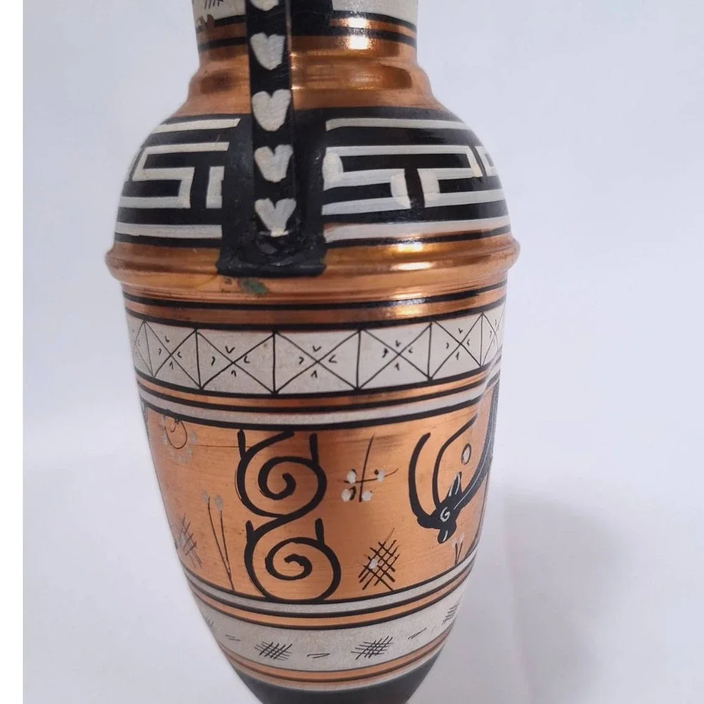 Vintage Greek Copper Vase Urn Amphora Double Handle Hand Painted‎ Deer, 9